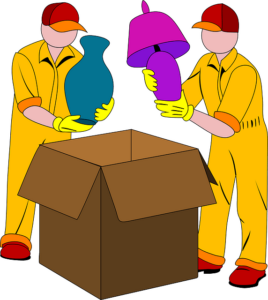 A drawing of two professional movers packing a vase and a lamp into a box.