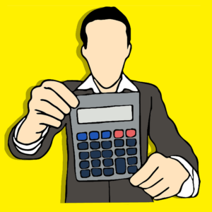 Drawing of a man holding a calculator.